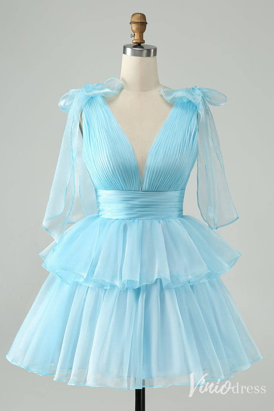 Sky Blue Pleated Tiered Homecoming Dresses A Line V Neck Back to School Dress S24011-prom dresses 2025 -Viniodress-Light Blue-Custom Size-