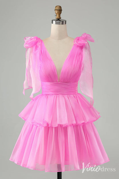 Sky Blue Pleated Tiered Homecoming Dresses A Line V Neck Back to School Dress S24011-prom dresses 2025 -Viniodress-Pink-Custom Size-