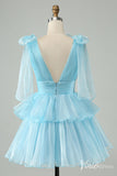 Sky Blue Pleated Tiered Homecoming Dresses A Line V Neck Back to School Dress S24011-prom dresses-Viniodress-Viniodress