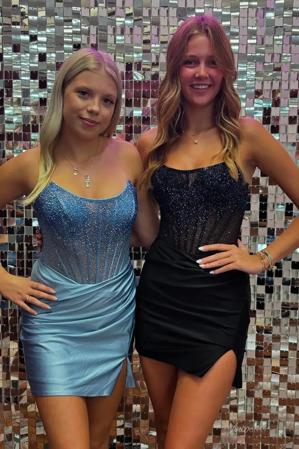 Sky Blue Rhinestone Homecoming Dress with Sheer Corset Bodice and Asymmetrical Satin Mini Skirt – H1124-Homecoming Dresses 2026-Viniodress-Black-Custom Size – Add Measurements in Cart-