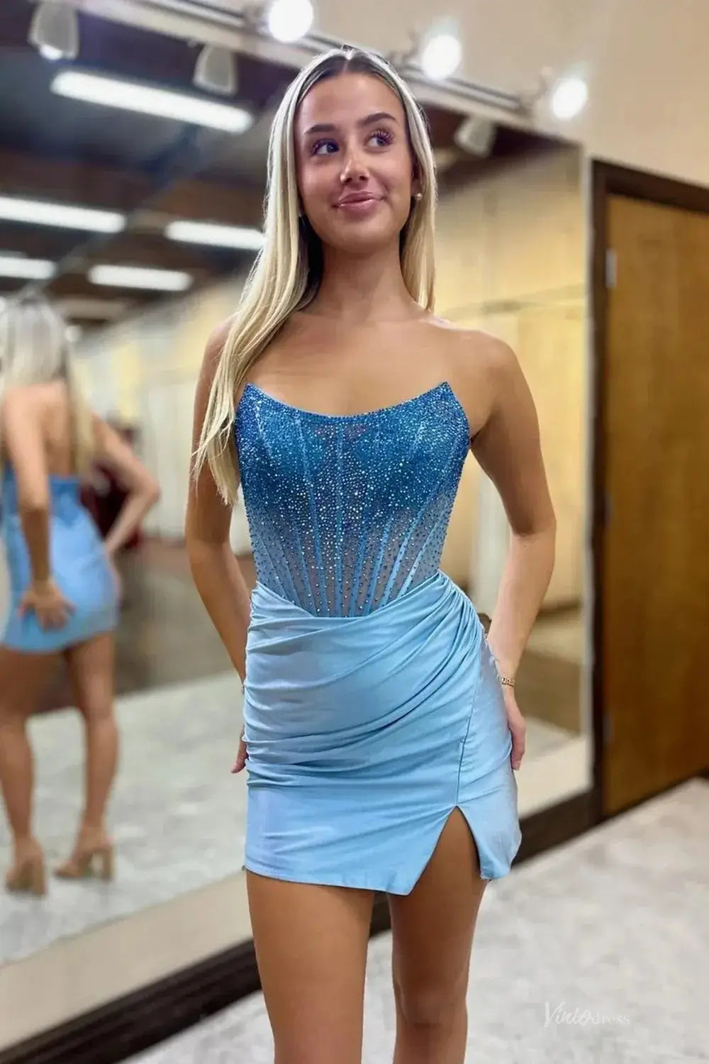 Sky Blue Rhinestone Homecoming Dress with Sheer Corset Bodice and Asymmetrical Satin Mini Skirt – H1124-Homecoming Dresses 2026-Viniodress-Light Blue-Custom Size – Add Measurements in Cart-