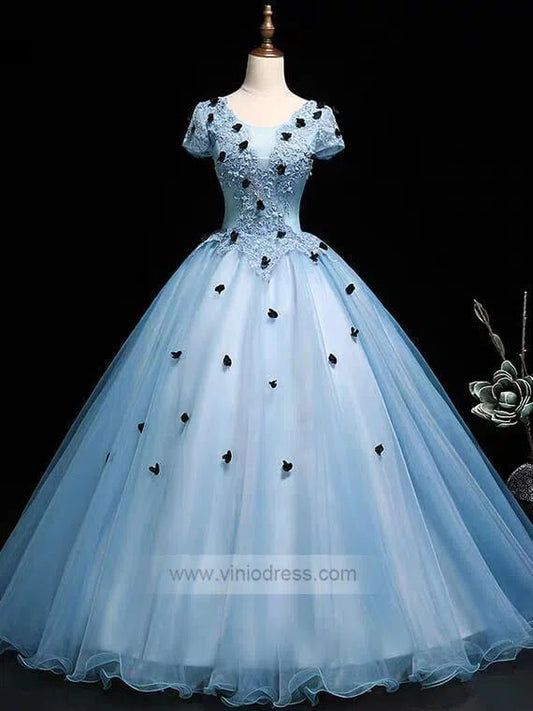 Sky Blue Short Sleeve Ball Gown Prom Dress Sweet 15 Dress FD1036-prom dresses 2025 -Viniodress-Light Blue-Custom Size-