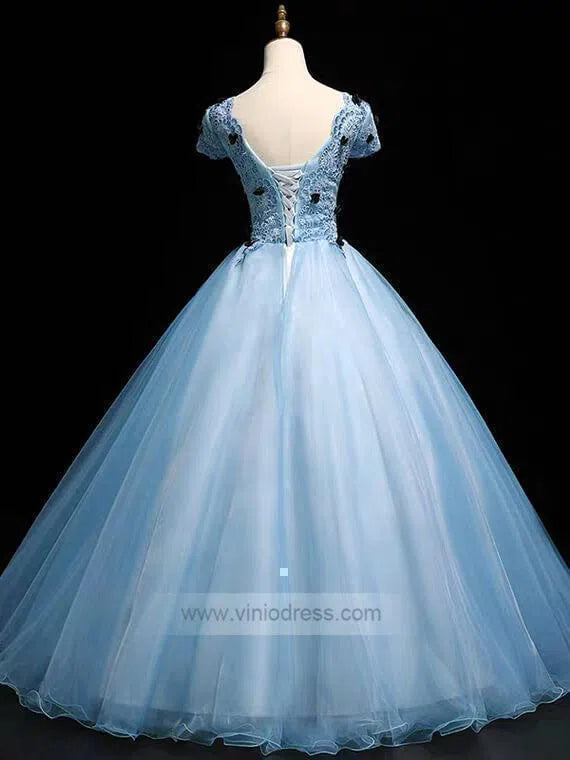 Prom Dress 2025 Sky Blue Short Sleeve Ball Gown Prom Dress Sweet 15 Dress FD1036-unique prom dresses-Light Blue-Custom Size-Viniodress