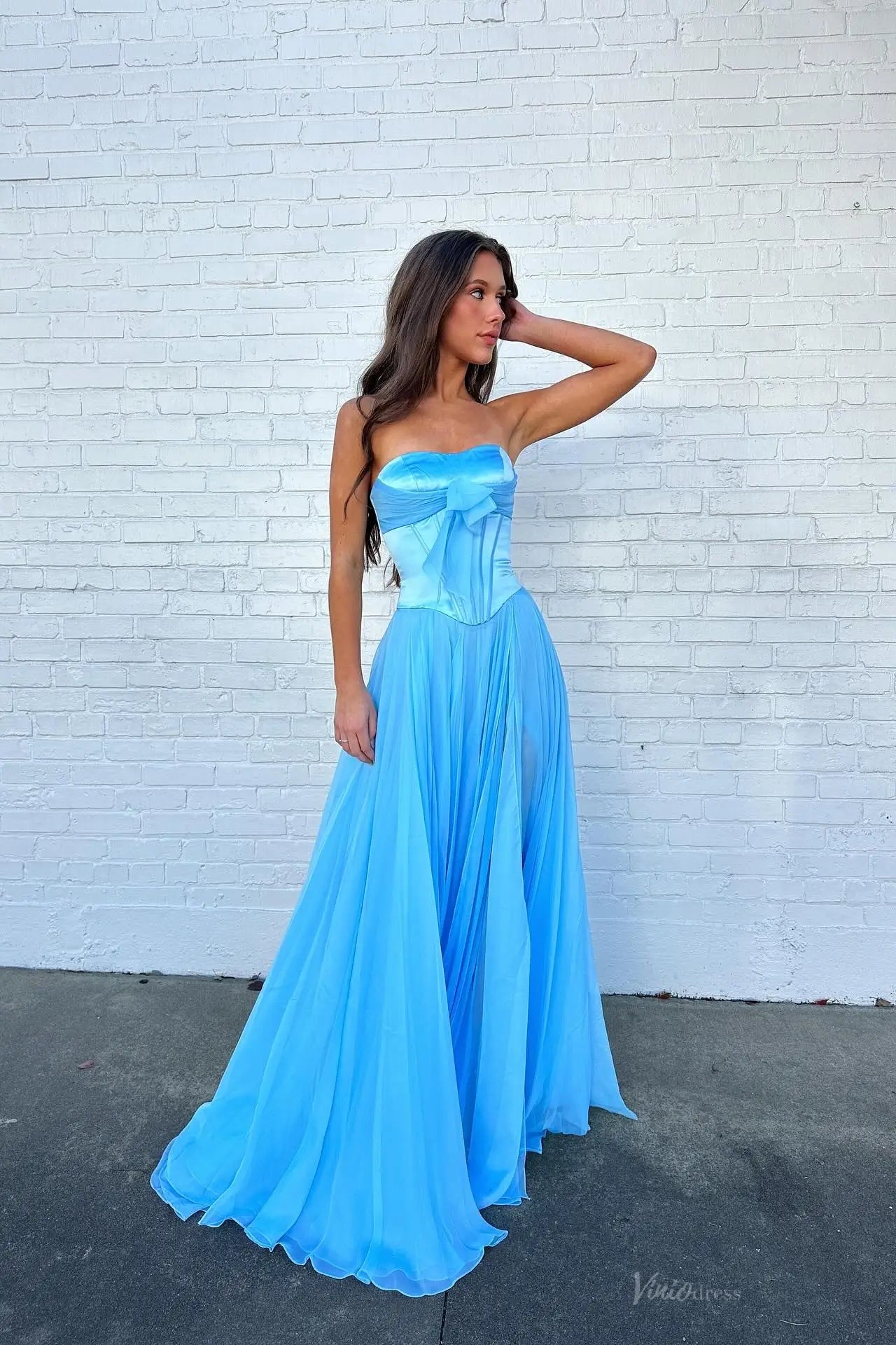 Sky Blue Strapless Bow Prom Dress with Basque Waist & Slit – AS084 –  Viniodress