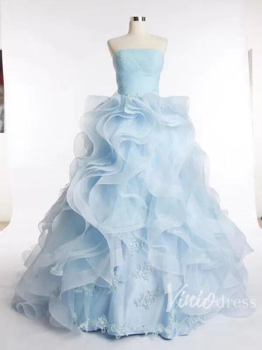 Sky Blue Strapless Prom Dresses Ruffled Quinceañera Dress FD1396-prom dresses 2025 -Viniodress-Light Blue-US 2-