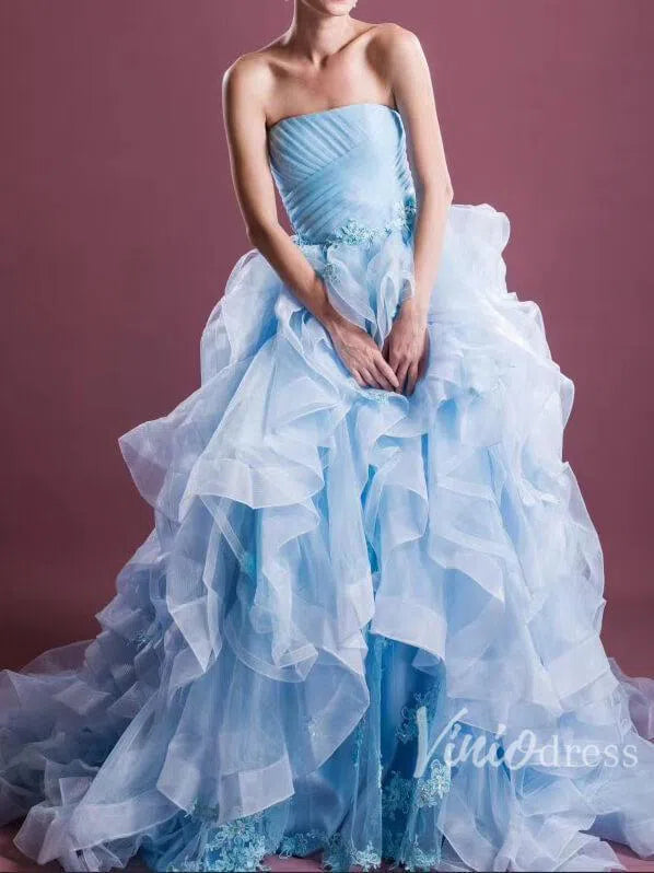 Prom Dress 2025 Sky Blue Strapless Prom Dresses Ruffled Quinceañera Dress FD1396-unique prom dresses-Light Blue-US 2-Viniodress