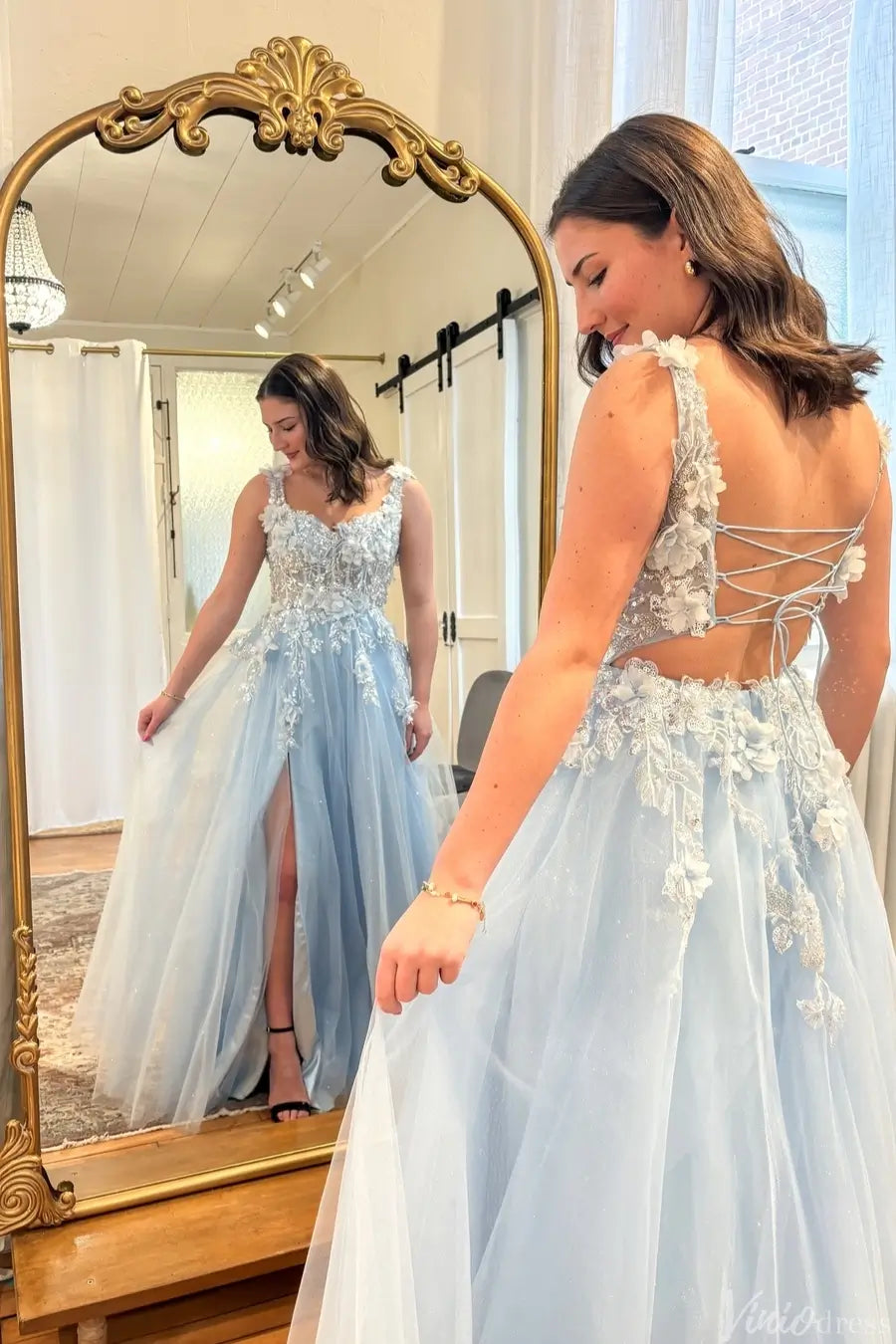 Sky Blue Tulle A-Line Prom Dress with 3D Floral Lace Bodice, Corset Back & Slit – AE1010-prom dresses 2025 -Viniodress-Light Blue-Custom Size-