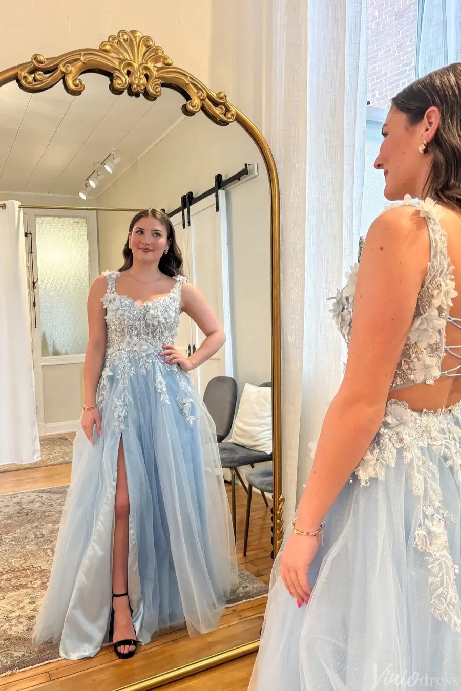 Sky Blue Tulle A-Line Prom Dress with 3D Floral Lace Bodice, Corset Back & Slit – AE1010-prom dresses 2025 -Viniodress-Light Blue-Custom Size-