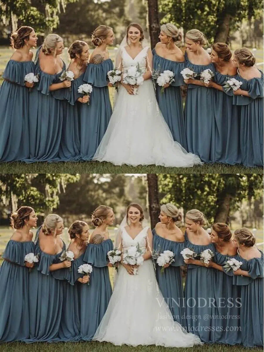 Slate Blue Long Bridesmaid Dresses Off the Shoulder VB1001 Viniodress Slate Blue Long Bridesmaid Dresses Off the Shoulder VB1001 Viniodress