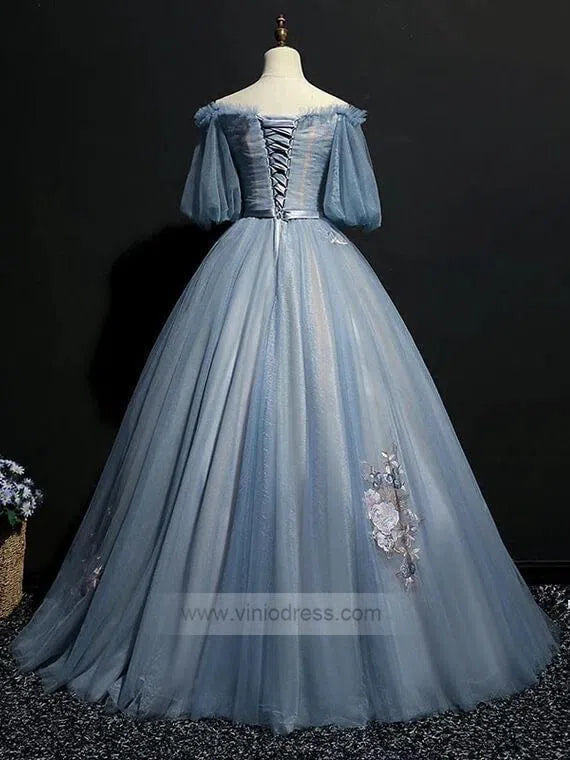 Slate Blue Long Prom Dresses Off the Shoulder Princess Dress FD1042-prom dresses 2025 -Viniodress-Dusty Blue-Custom Size-