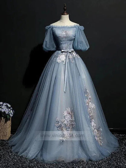Slate Blue Long Prom Dresses Off the Shoulder Princess Dress FD1042-prom dresses 2025 -Viniodress-Dusty Blue-Custom Size-