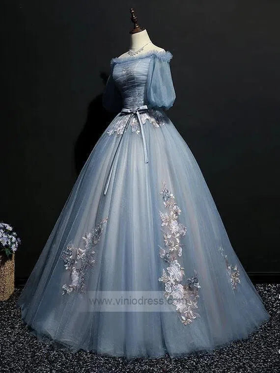 Slate Blue Long Prom Dresses Off the Shoulder Princess Dress FD1042-prom dresses-Viniodress-Viniodress