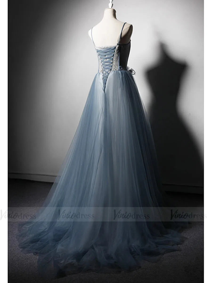 Slate Blue Long Prom Dresses Spaghetti Strap Formal Dress FD1622-prom dresses 2025 -Viniodress-Slate Blue-Custom Size-