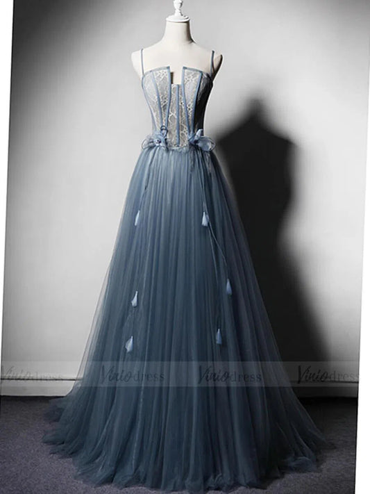Slate Blue Long Prom Dresses Spaghetti Strap Formal Dress FD1622-prom dresses 2025 -Viniodress-Slate Blue-Custom Size-