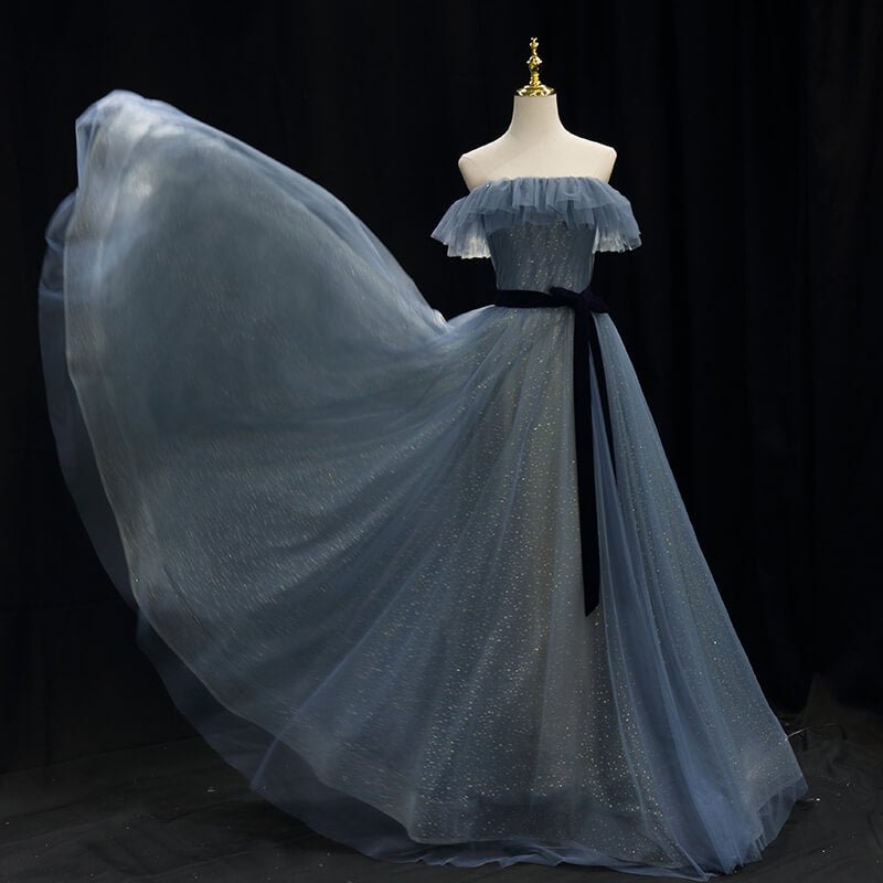 Slate Blue Tulle Prom Dresses Off Shoulder Evening Dress-Prom Dresses 2025 -VINIODRESS-Dusty Blue-US2-