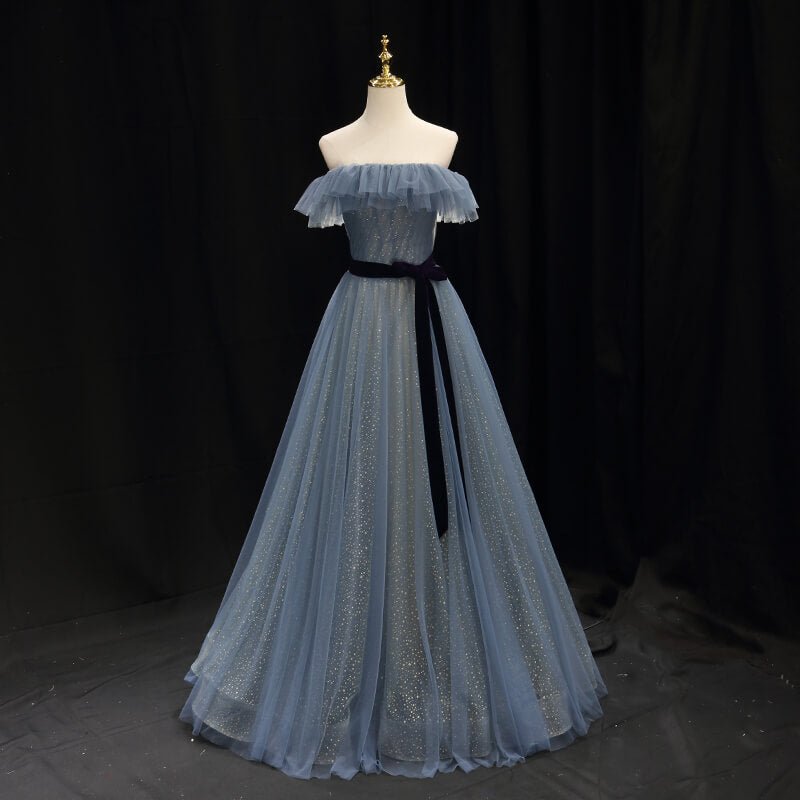 Slate Blue Tulle Prom Dresses Off Shoulder Evening Dress-Prom Dresses 2025 -VINIODRESS-Dusty Blue-US2-