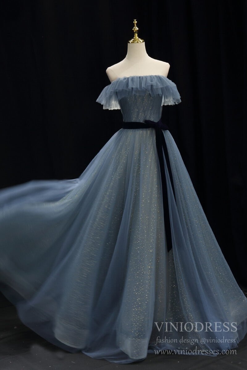 Slate Blue Tulle Prom Dresses Off Shoulder Evening Dress-Prom Dresses 2025 -VINIODRESS-Dusty Blue-US2-