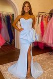 Smooth Satin Mermaid Pleated Prom Dresses with Slit Strapless Bow-Tie Evening Dress FD3990-prom dresses-Viniodress-Viniodress