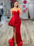 Smooth Satin Mermaid Pleated Prom Dresses with Slit Strapless Bow-Tie Evening Dress FD3990