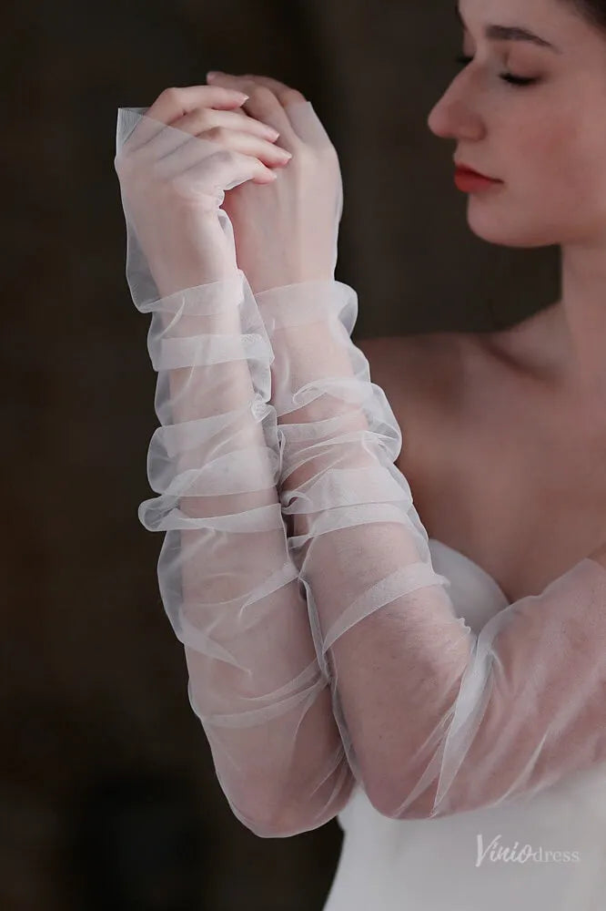 Soft Ruched Tulle Bridal Sleeves – Sheer Long Gloves for a Modern Wedding Look WG108-Bridal Gloves 2026-Viniodress-Ivory-