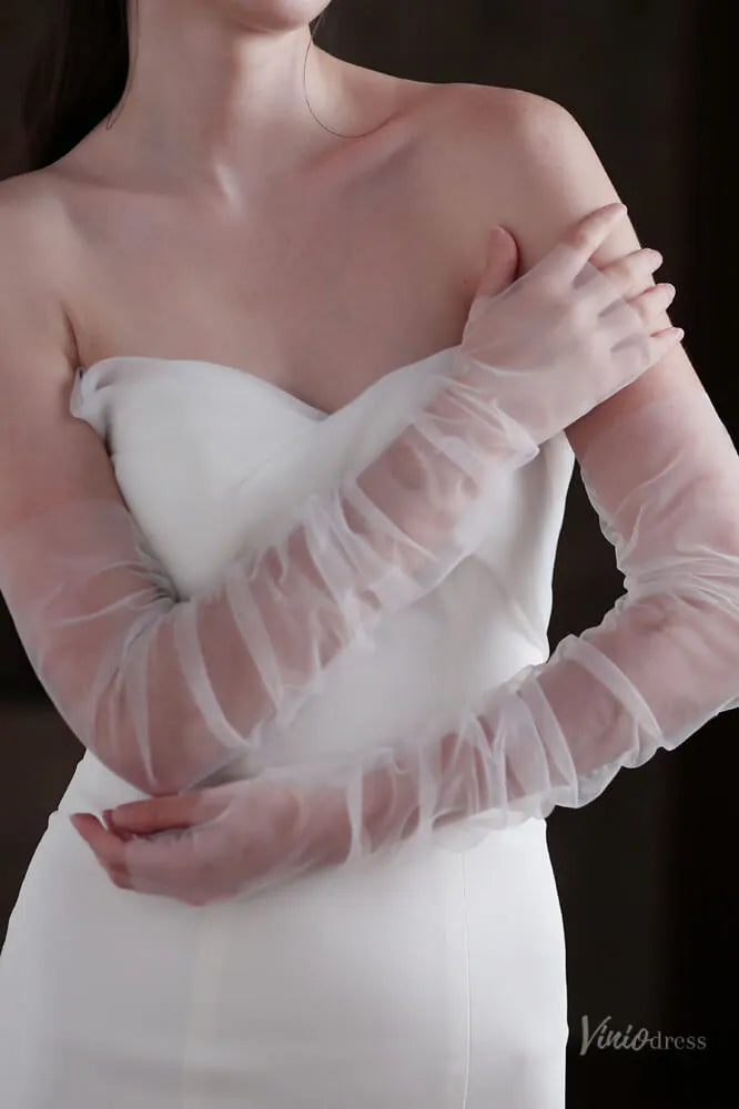 Soft Ruched Tulle Bridal Sleeves – Sheer Long Gloves for a Modern Wedding Look WG108-Bridal Gloves 2026-Viniodress-Ivory-