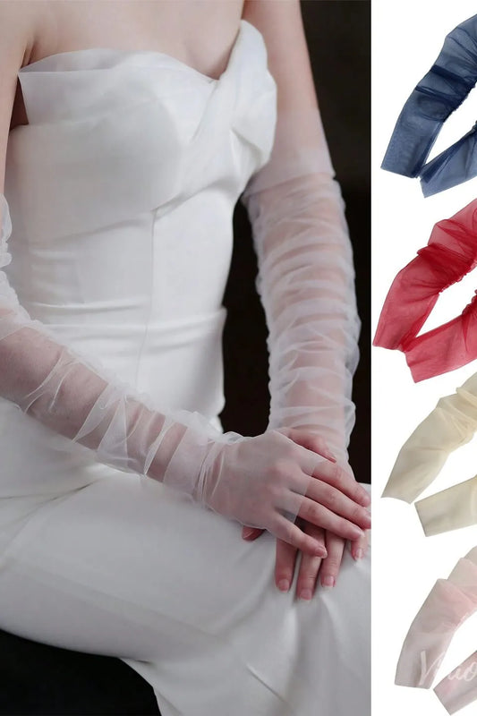 Soft Ruched Tulle Bridal Sleeves – Sheer Long Gloves for a Modern Wedding Look WG108-Bridal Gloves 2026-Viniodress-Ivory-