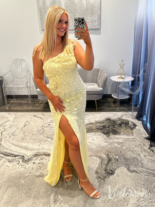 Soft Yellow One-Shoulder Lace Evening Dress with Slit – FD6137-prom dresses 2025 -Viniodress-Yellow-Custom Size-