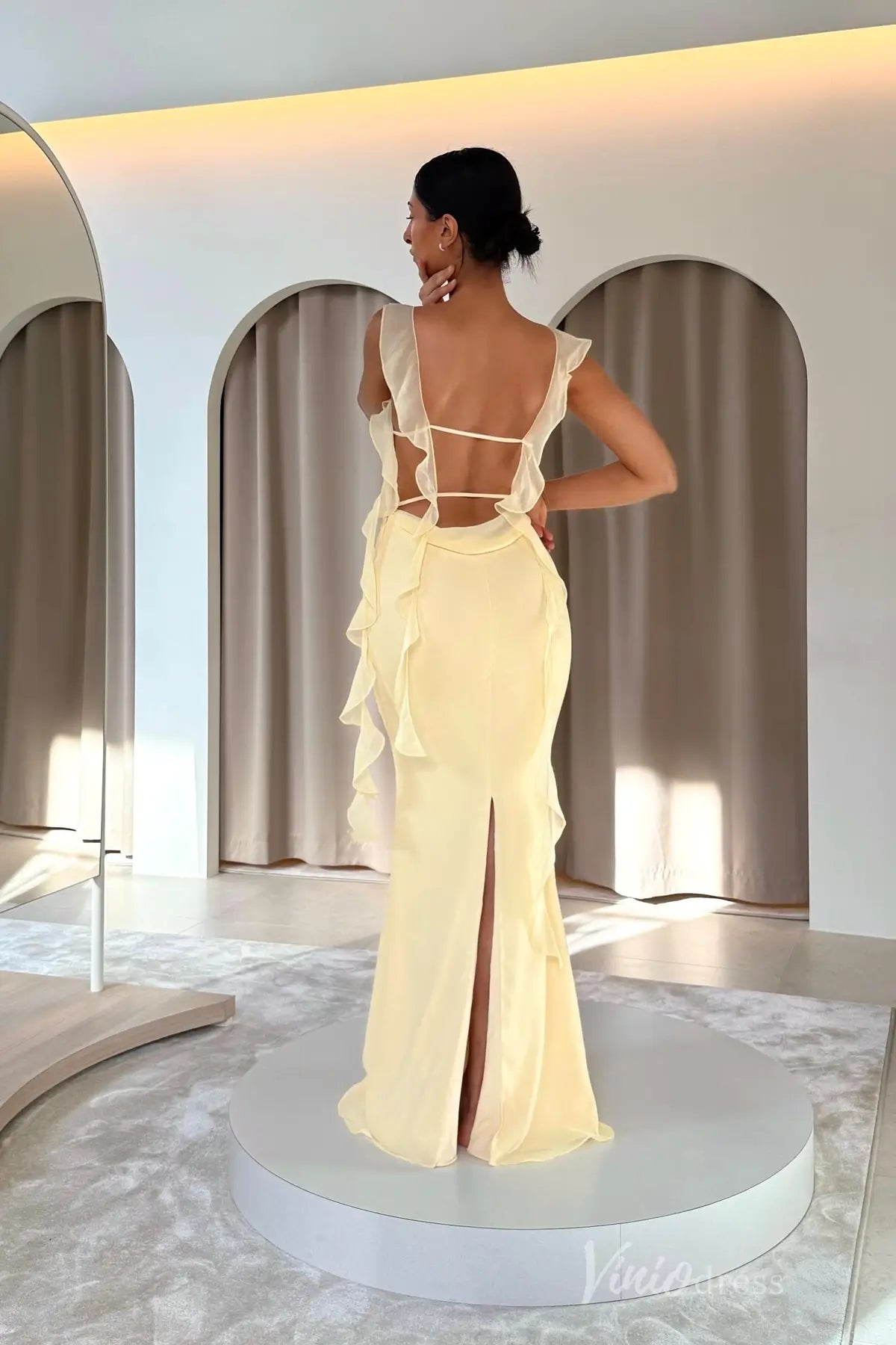 Soft Yellow Ruffle Chiffon Evening Dress with Sheer Shoulder Straps & Crossed Tie-Back SS114x`x`x` Viniodress Soft Yellow Ruffle Chiffon Evening Dress with Sheer Shoulder Straps & Crossed Tie-Back SS114x`x`x` Viniodress