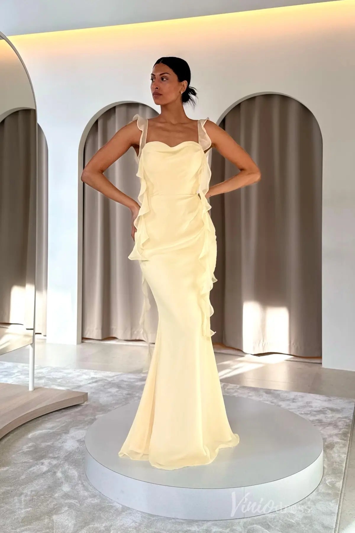 Soft Yellow Ruffle Chiffon Evening Dress with Sheer Shoulder Straps, High Slit & Crossed Tie-Back – SS114-prom dresses 2025 -Viniodress-Yellow-Custom Size-