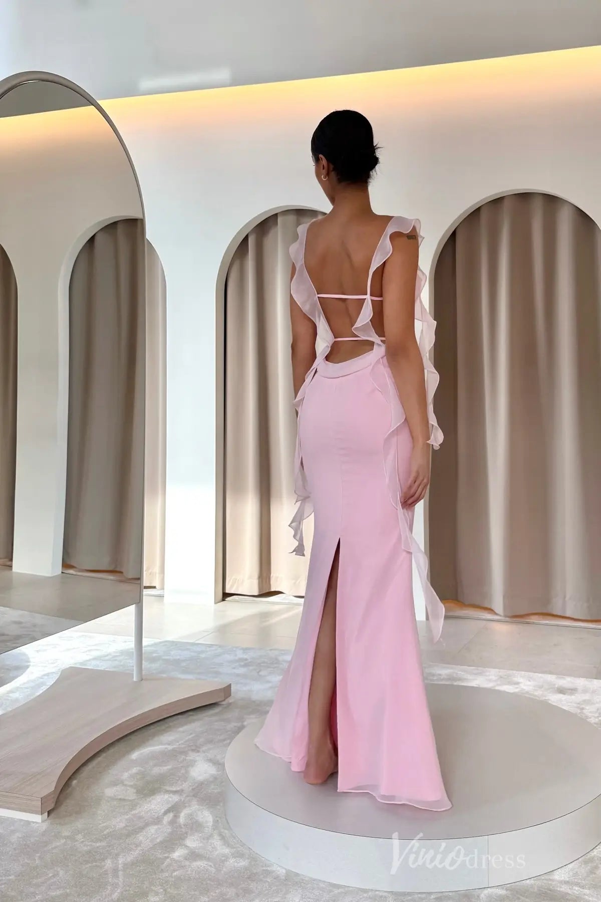 Soft Yellow Ruffle Chiffon Evening Dress with Sheer Shoulder Straps, High Slit & Crossed Tie-Back – SS114-prom dresses 2025 -Viniodress-Yellow-Custom Size-