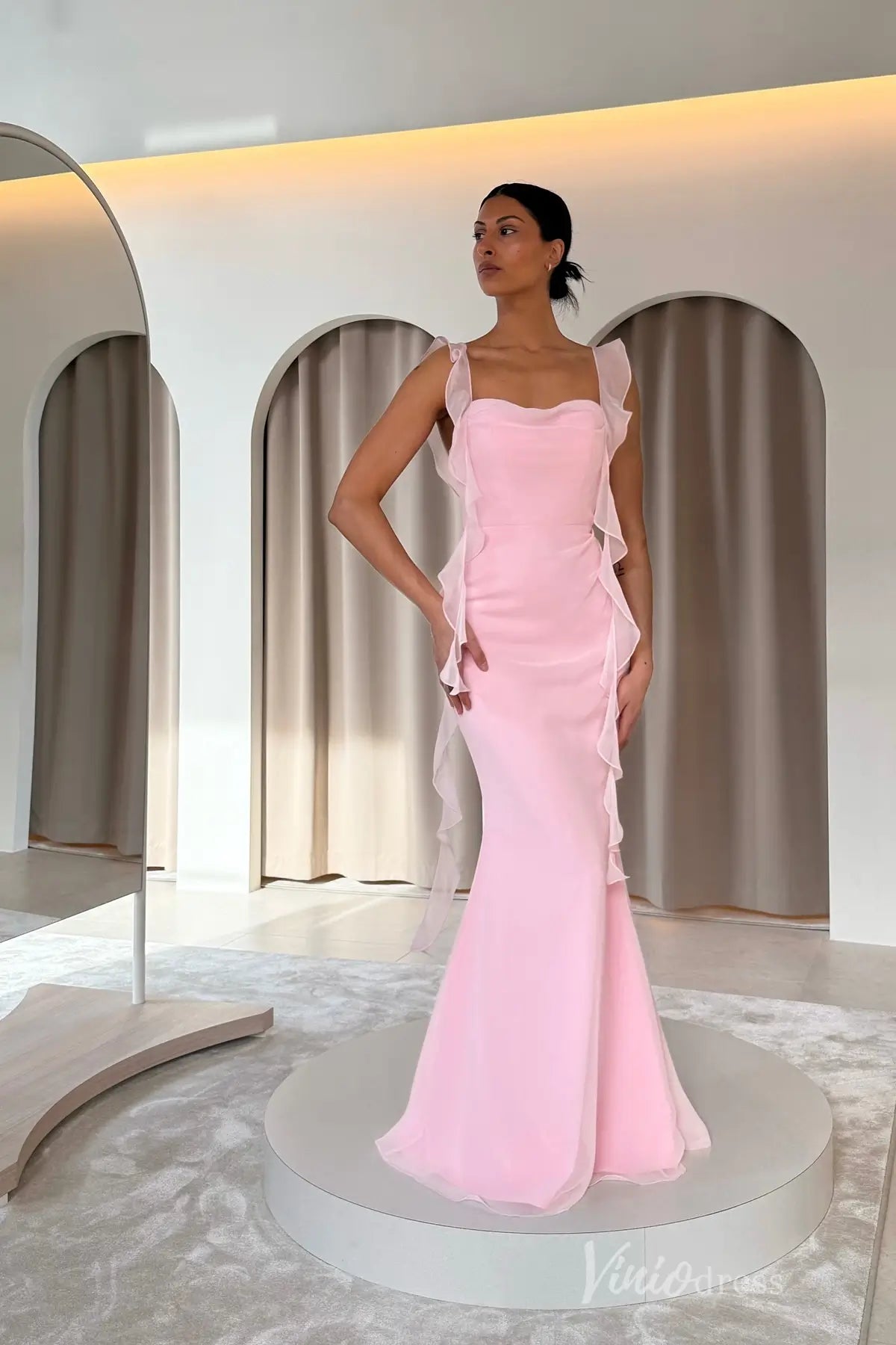 Soft Yellow Ruffle Chiffon Evening Dress with Sheer Shoulder Straps, High Slit & Crossed Tie-Back – SS114-prom dresses 2025 -Viniodress-Yellow-Custom Size-