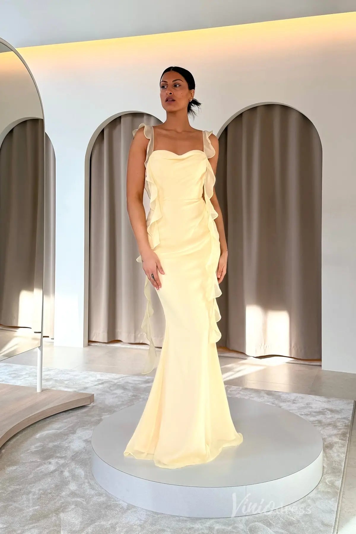 Soft Yellow Ruffle Chiffon Evening Dress with Sheer Shoulder Straps, High Slit & Crossed Tie-Back – SS114-prom dresses 2025 -Viniodress-Yellow-Custom Size-