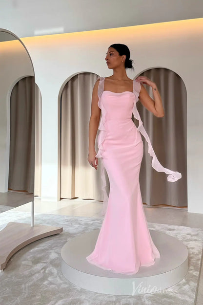 Soft Yellow Ruffle Chiffon Evening Dress with Sheer Shoulder Straps, High Slit & Crossed Tie-Back – SS114-prom dresses 2025 -Viniodress-Pink-Custom Size-