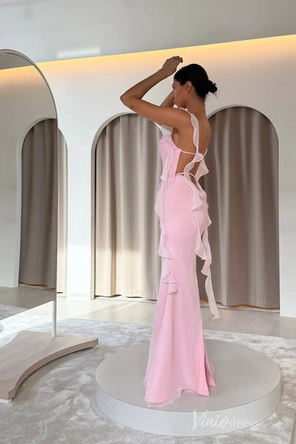 Soft Yellow Ruffle Chiffon Evening Dress with Sheer Shoulder Straps, High Slit & Crossed Tie-Back – SS114-prom dresses 2025 -Viniodress-Yellow-Custom Size-