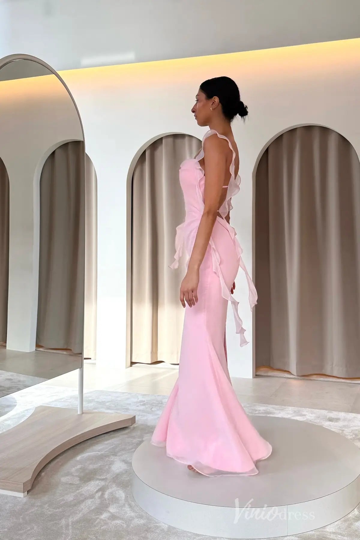 Soft Yellow Ruffle Chiffon Evening Dress with Sheer Shoulder Straps, High Slit & Crossed Tie-Back – SS114-prom dresses 2025 -Viniodress-Yellow-Custom Size-