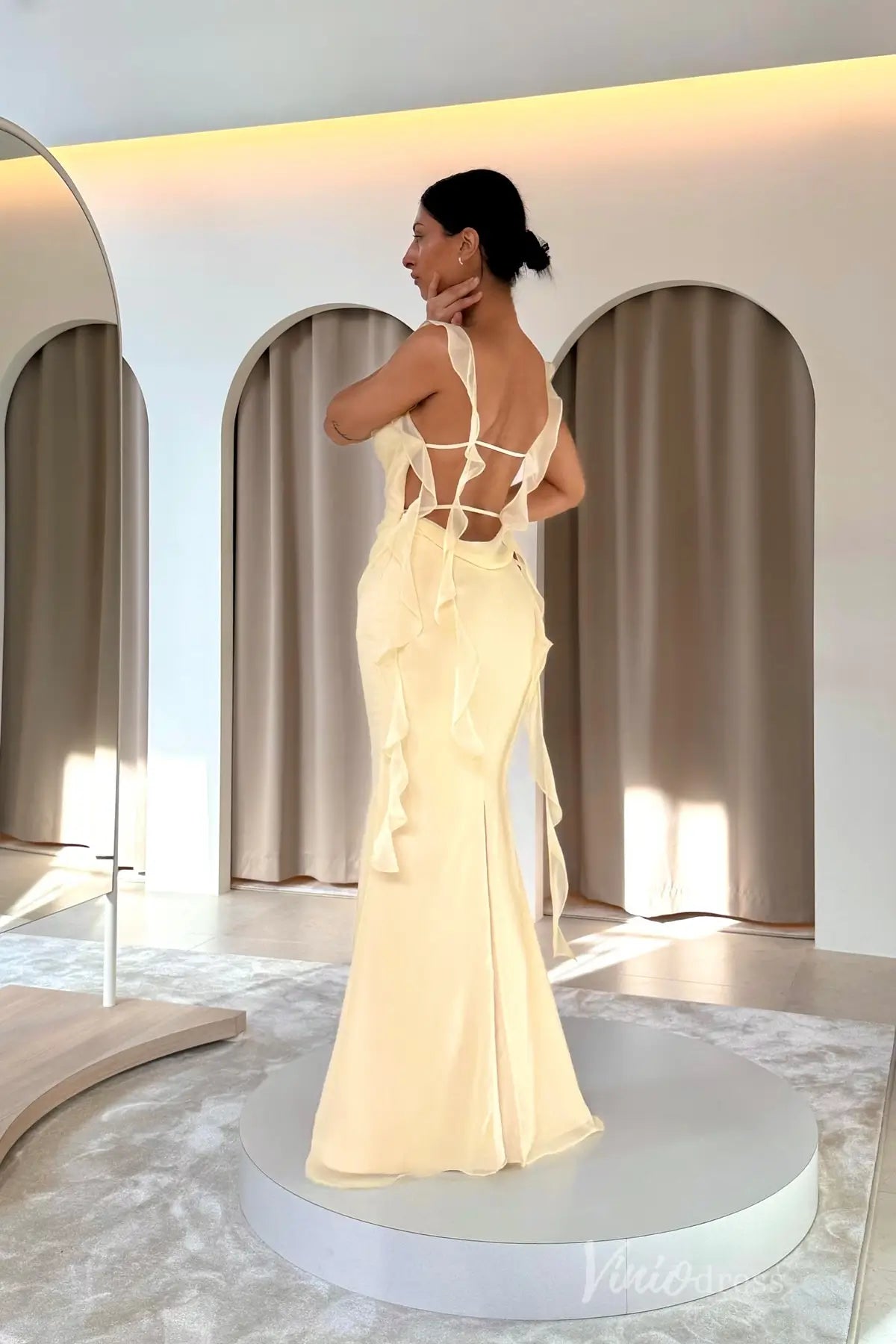 Soft Yellow Ruffle Chiffon Evening Dress with Sheer Shoulder Straps, High Slit & Crossed Tie-Back – SS114-prom dresses 2025 -Viniodress-Yellow-Custom Size-