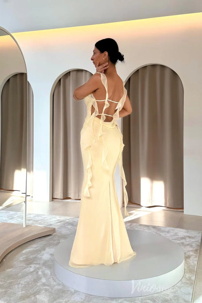 Soft Yellow Ruffle Chiffon Evening Dress with Sheer Shoulder Straps, High Slit & Crossed Tie-Back – SS114-prom dresses 2025 -Viniodress-Yellow-Custom Size-