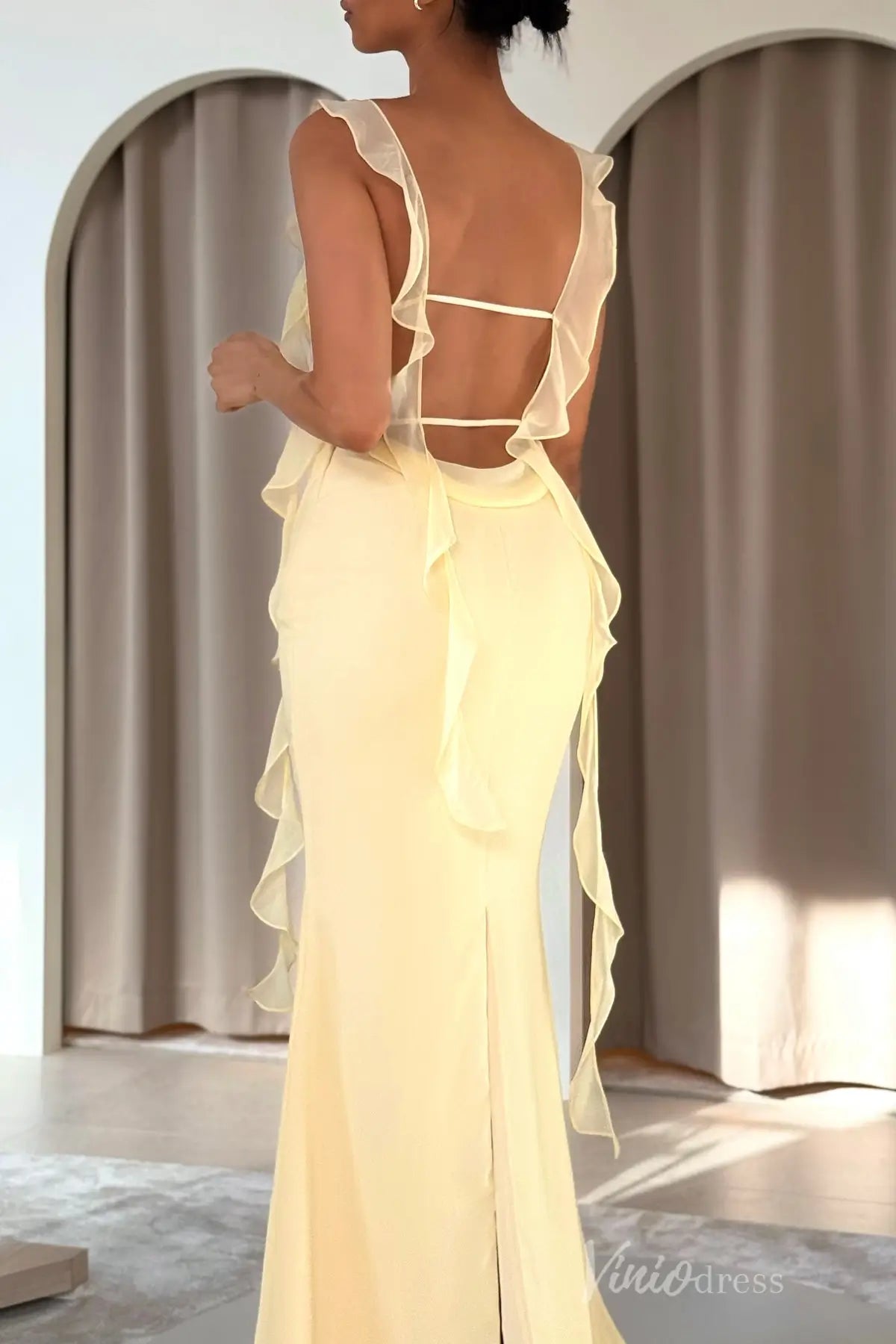 Soft Yellow Ruffle Chiffon Evening Dress with Sheer Shoulder Straps, High Slit & Crossed Tie-Back – SS114-prom dresses 2025 -Viniodress-Yellow-Custom Size-