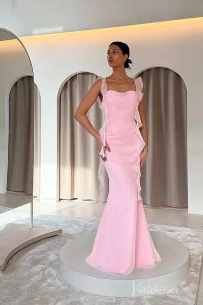 Soft Yellow Ruffle Chiffon Evening Dress with Sheer Shoulder Straps, High Slit & Crossed Tie-Back – SS114-prom dresses 2025 -Viniodress-Yellow-Custom Size-