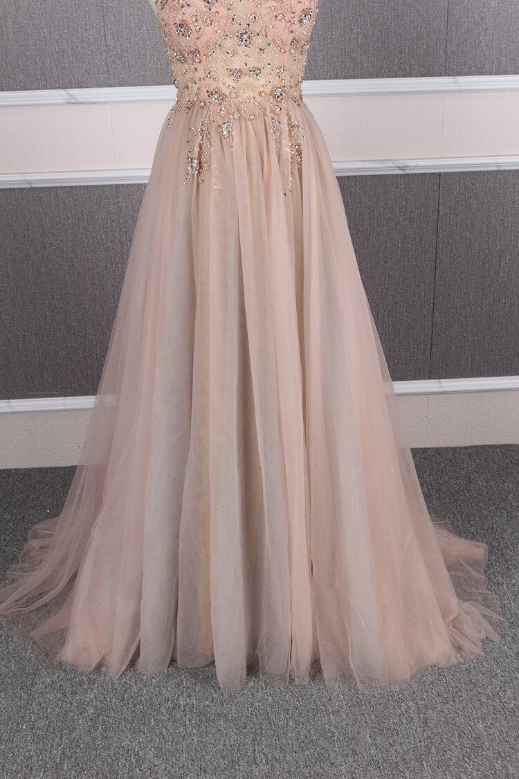 Prom Dress 2025 Spaghetti Strap A-line Blush Prom Dresses Beaded Low Back Formal Dress FD2484-unique prom dresses-As Picture-Custom Size-Viniodress