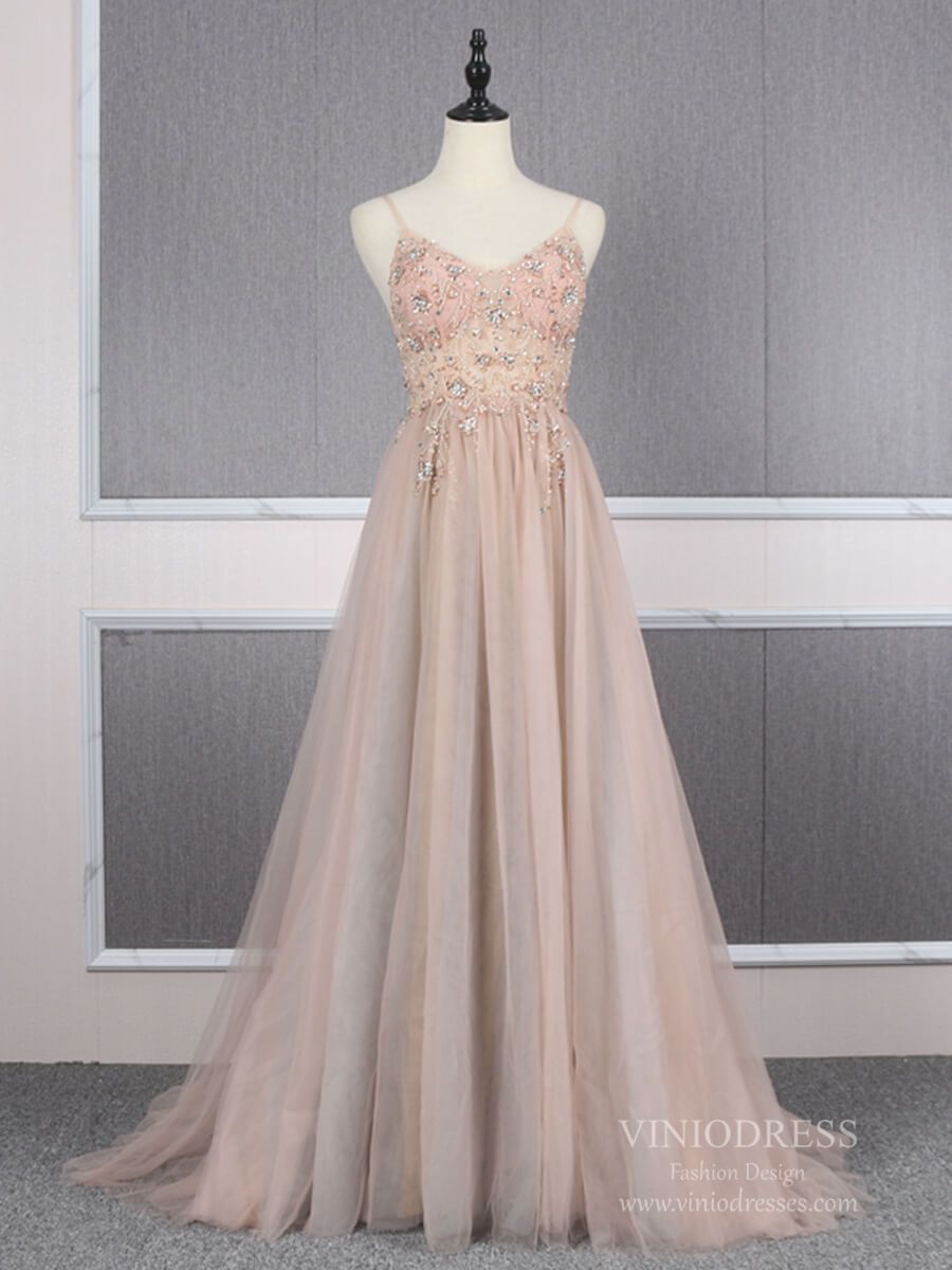 Prom Dress 2025 Spaghetti Strap A-line Blush Prom Dresses Beaded Low Back Formal Dress FD2484-unique prom dresses-As Picture-Custom Size-Viniodress