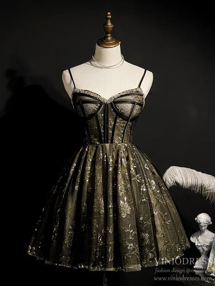 Spaghetti Strap Beaded Black Lace Homecoming Dresses SD1370-Homecoming Dresses 2025 -VINIODRESS-Custom Size-Black-