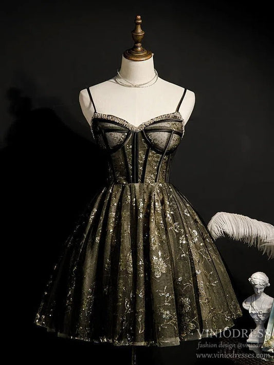 Spaghetti Strap Beaded Black Lace Homecoming Dresses SD1370-Homecoming Dresses 2025 -VINIODRESS-Custom Size-Black-