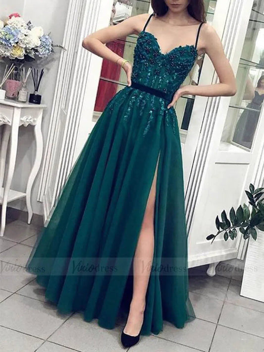 Spaghetti Strap Beaded Emerald Green Prom Dresses with Slit FD1628-prom dresses 2025 -Viniodress-Emerald Green-Custom Size-