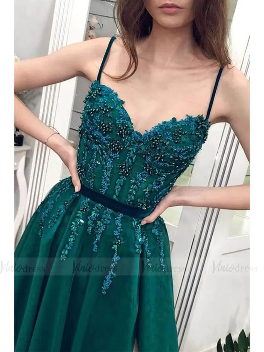 Prom Dress 2025 Spaghetti Strap Beaded Emerald Green Prom Dresses with Slit FD1628-unique prom dresses-Emerald Green-Custom Size-Viniodress