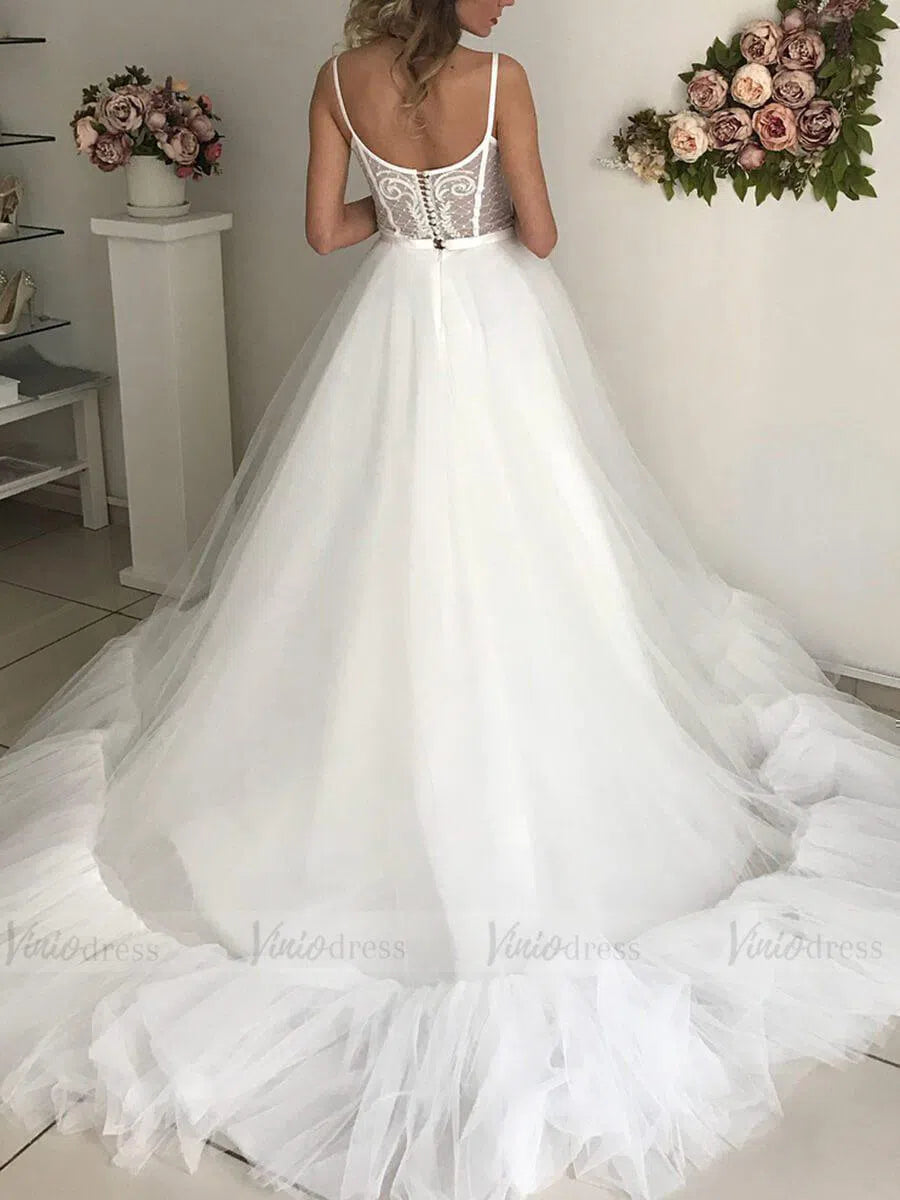 Spaghetti Strap Beaded Fluffy Tulle Boho Wedding Dresses 2019 VW1339-wedding dresses-Viniodress-Viniodress