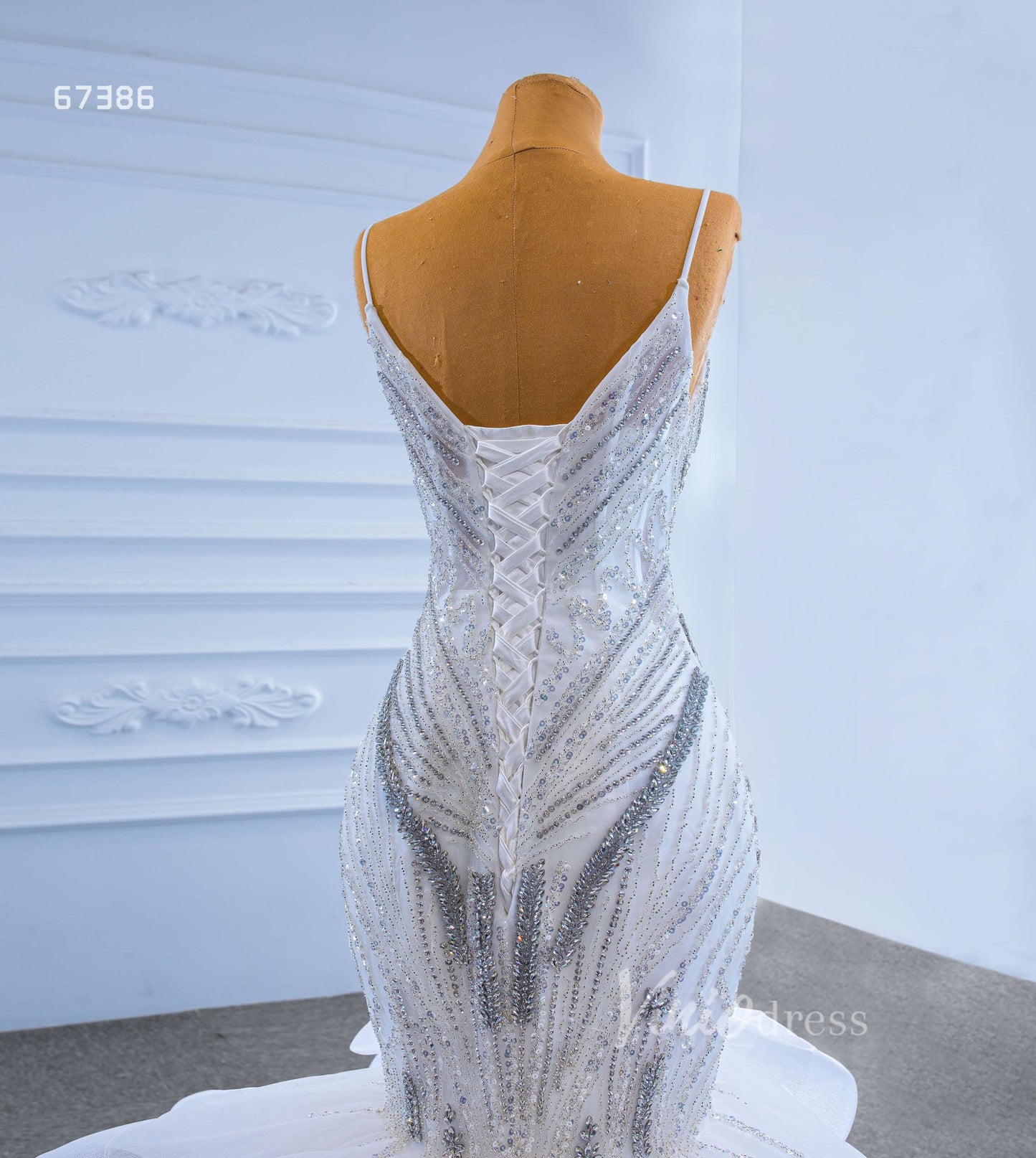 Spaghetti Strap Beaded Mermaid Wedding Dress with Layered Skirt 67386-wedding dresses 2025 -Viniodress-Ivory-Custom Size-