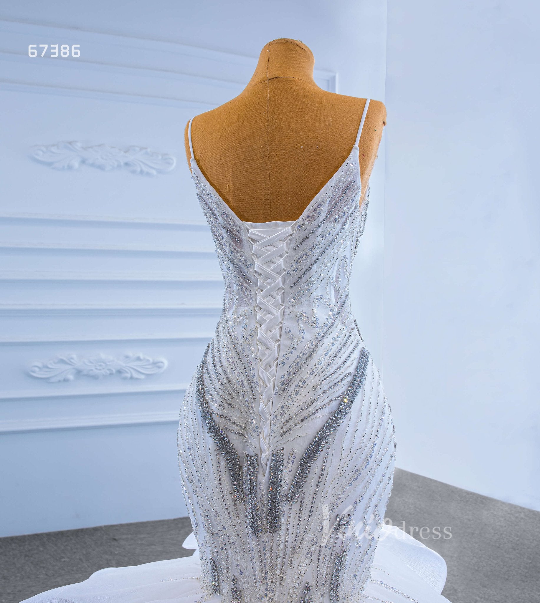 Spaghetti Strap Beaded Mermaid Wedding Dress with Layered Skirt 67386-wedding dresses 2025 -Viniodress-Ivory-Custom Size-