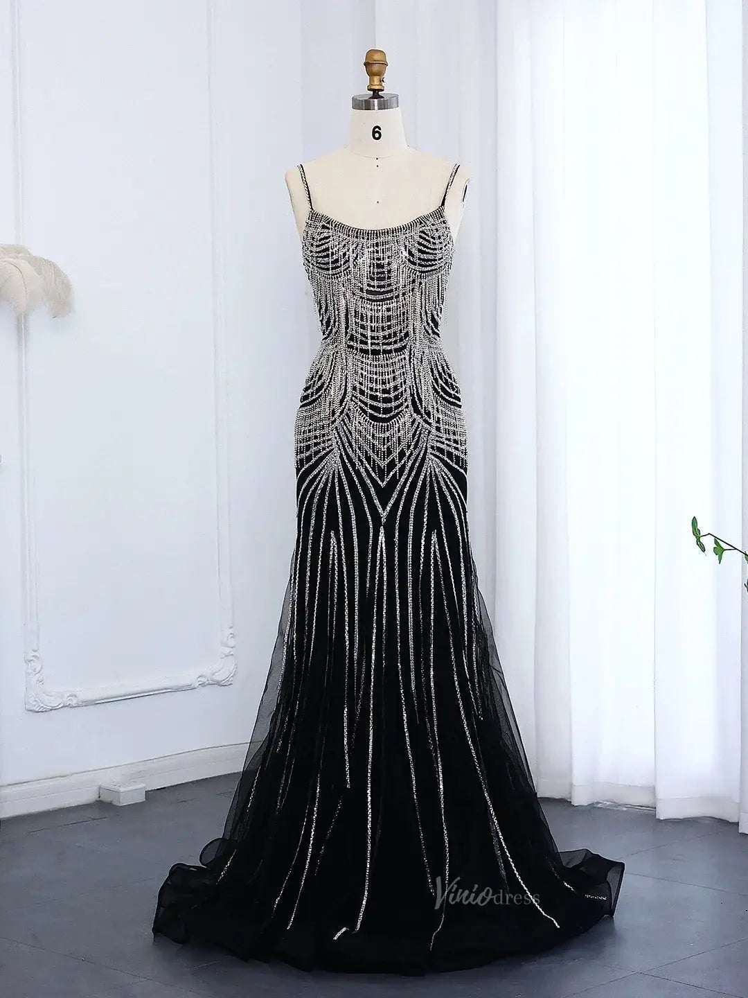 Spaghetti Strap Beaded Prom Dresses Vintage Mermaid Formal Dresses BD005-Evening Dresses 2025 -Viniodress-Black-US 2-