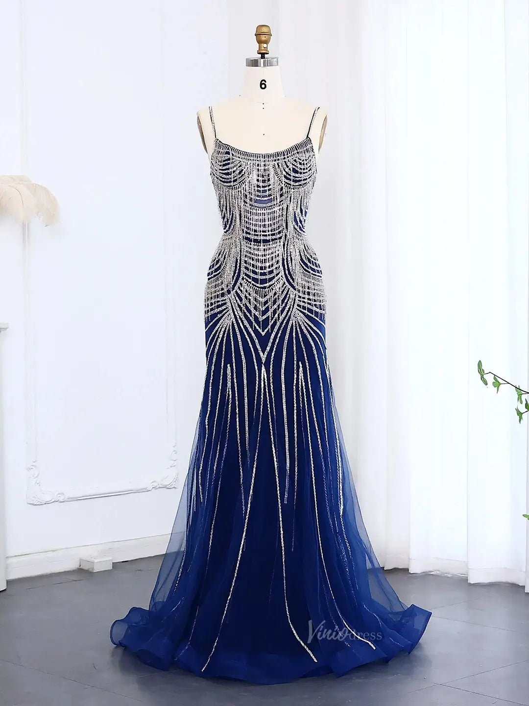 Spaghetti Strap Beaded Prom Dresses Vintage Mermaid Formal Dresses BD005-Evening Dresses 2025 -Viniodress-Blue-US 2-